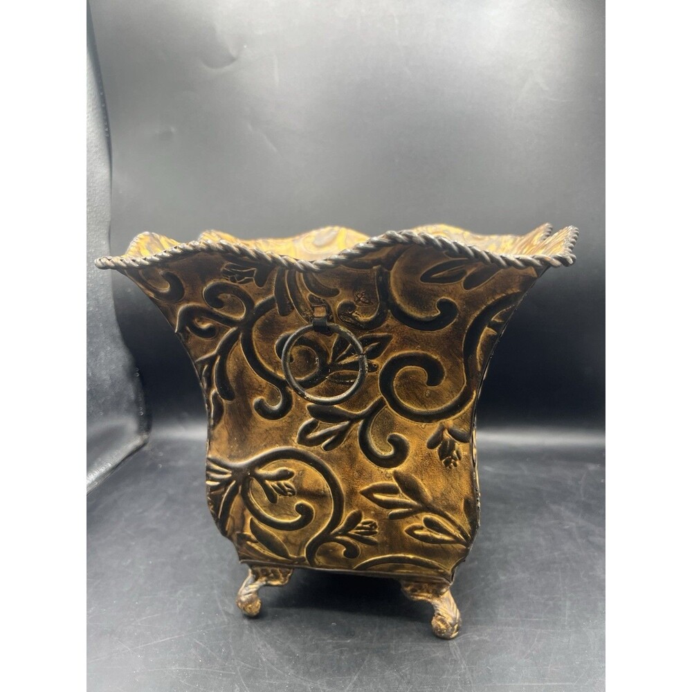 Vintage Ornate Decorative Pressed Metal Footed Planter Bronze Color Vine Design